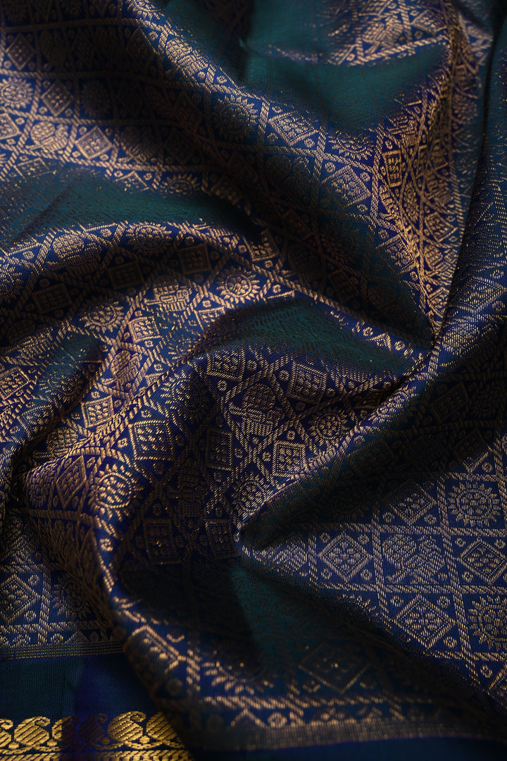 Blue-Purple Dual Tone Pure Gadwal Silk Saree with Patola Zari Brocade and Wide Zari Border | SILK MARK CERTIFIED | SHOBITAM