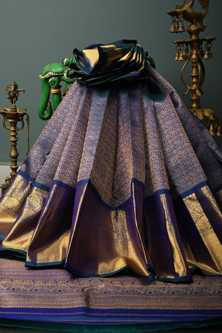Blue-Purple Dual Tone Pure Gadwal Silk Saree with Patola Zari Brocade and Wide Zari Border | SILK MARK CERTIFIED | SHOBITAM