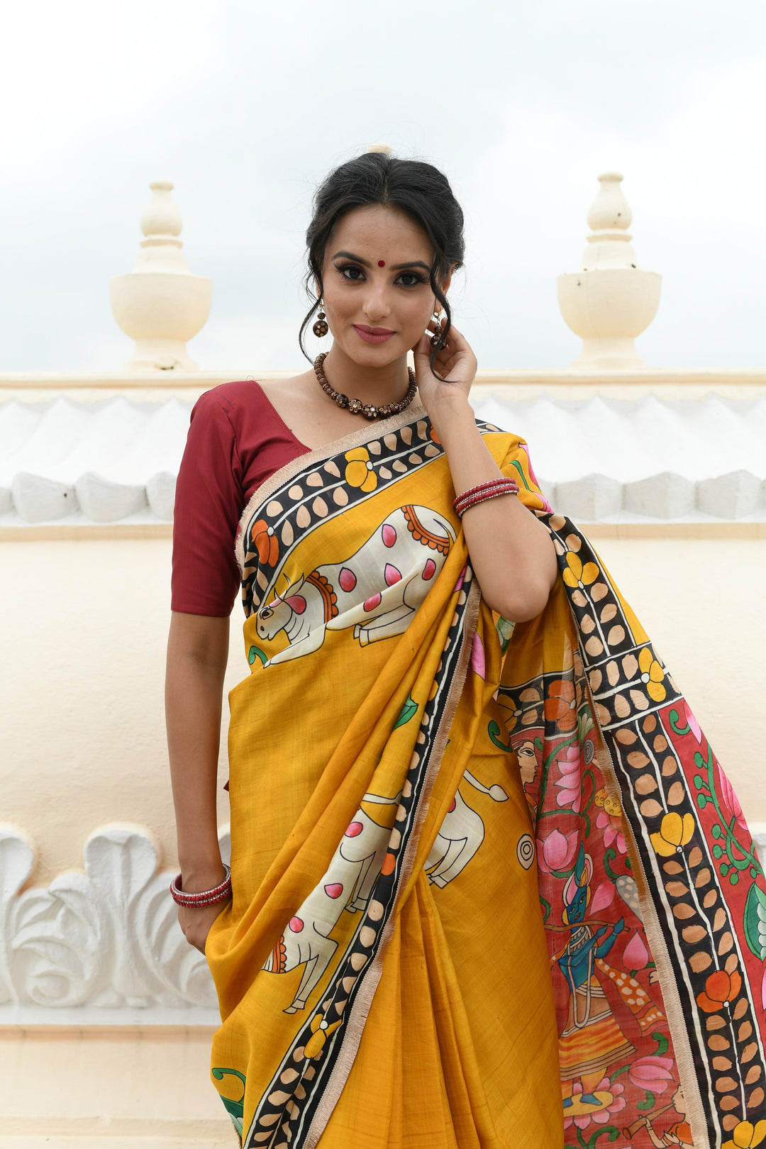 Prussian Blue Pure Handloom Tussar Silk saree with Kalamkari Pichawai Handpainted | SILK MARK CERTIFIED (Copy)