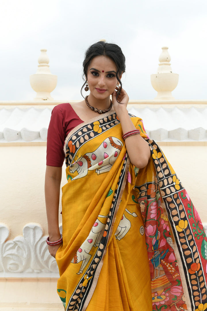 Prussian Blue Pure Handloom Tussar Silk saree with Kalamkari Pichawai Handpainted | SILK MARK CERTIFIED (Copy)