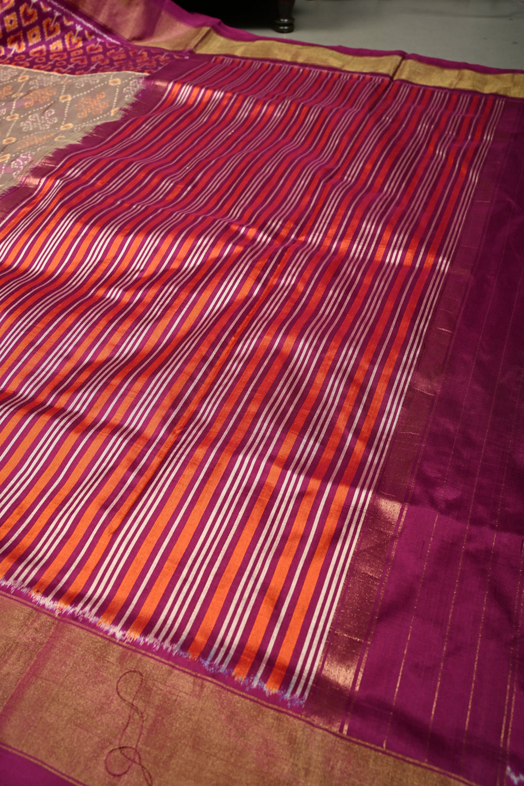 Dusty Amethyst Pochampally Ikkat Pure Silk Saree with Kolam Design and Panel Design on Tissue Zari Border  | SILK MARK CERTIFIED | SHOBITAM