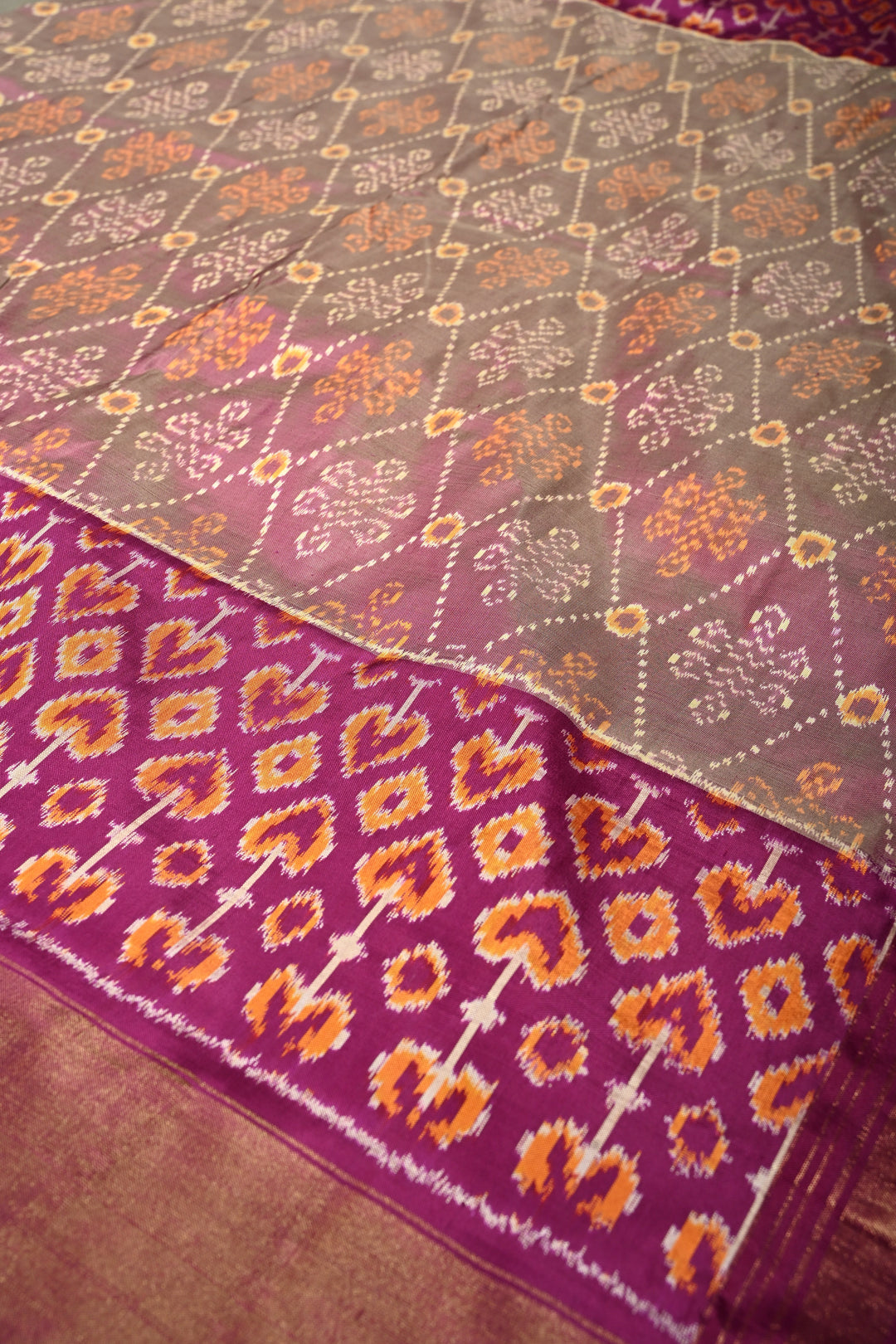 Dusty Amethyst Pochampally Ikkat Pure Silk Saree with Kolam Design and Panel Design on Tissue Zari Border  | SILK MARK CERTIFIED | SHOBITAM