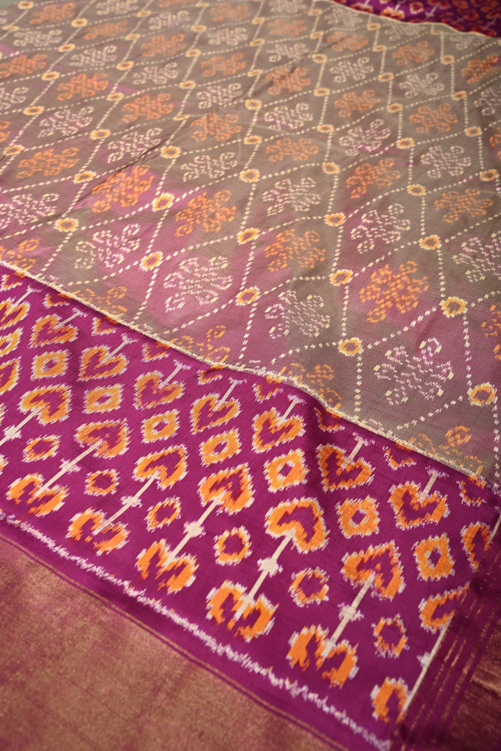 Dusty Amethyst Pochampally Ikkat Pure Silk Saree with Kolam Design and Panel Design on Tissue Zari Border  | SILK MARK CERTIFIED | SHOBITAM