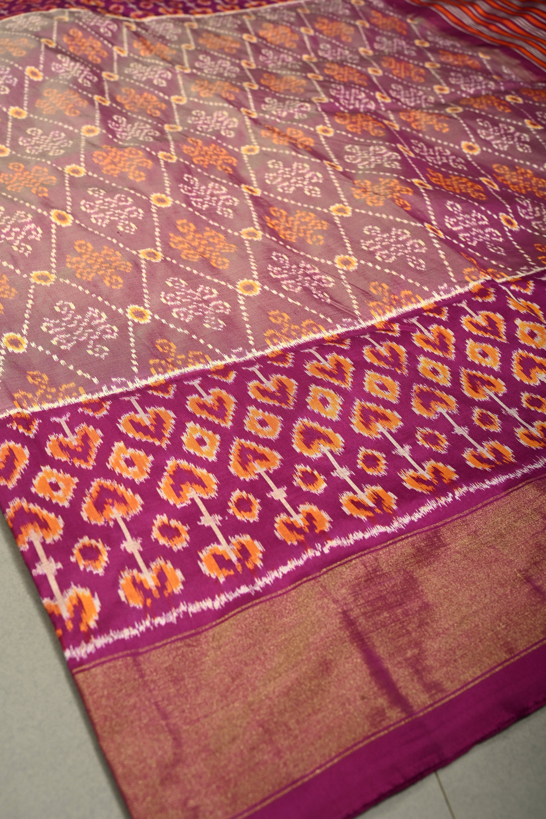 Dusty Amethyst Pochampally Ikkat Pure Silk Saree with Kolam Design and Panel Design on Tissue Zari Border  | SILK MARK CERTIFIED | SHOBITAM