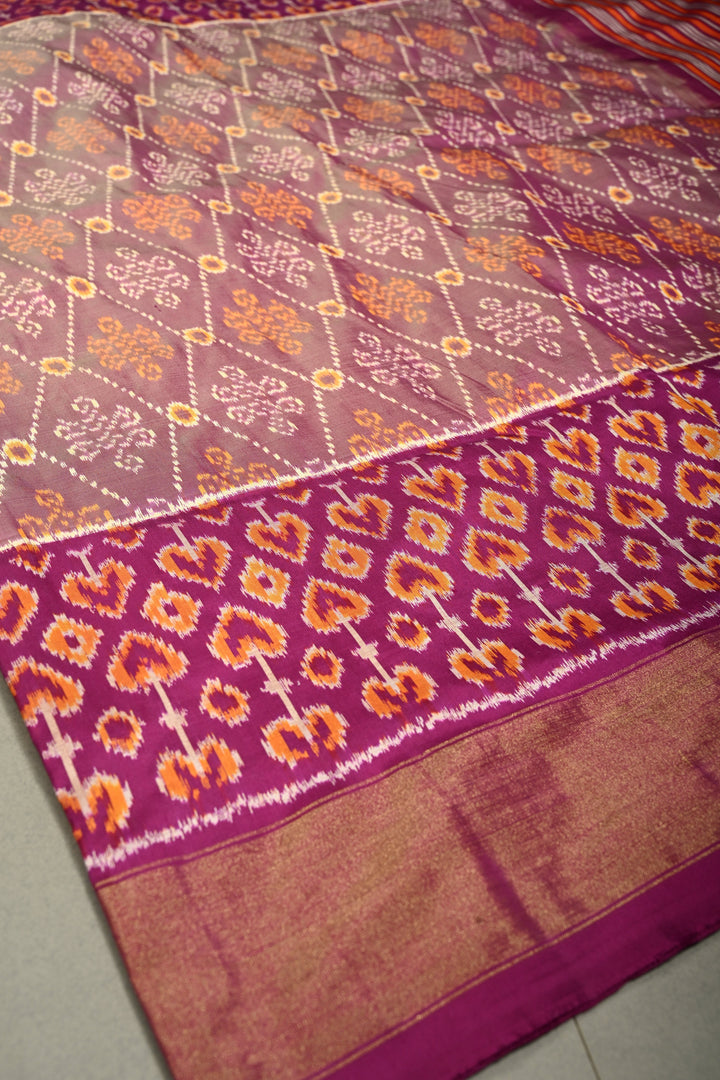 Dusty Amethyst Pochampally Ikkat Pure Silk Saree with Kolam Design and Panel Design on Tissue Zari Border  | SILK MARK CERTIFIED | SHOBITAM