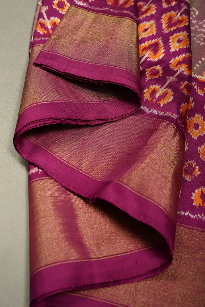 Dusty Amethyst Pochampally Ikkat Pure Silk Saree with Kolam Design and Panel Design on Tissue Zari Border  | SILK MARK CERTIFIED | SHOBITAM