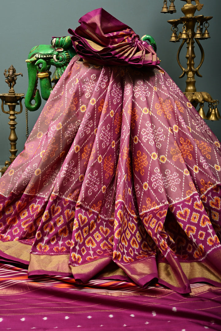 Dusty Amethyst Pochampally Ikkat Pure Silk Saree with Kolam Design and Panel Design on Tissue Zari Border  | SILK MARK CERTIFIED | SHOBITAM
