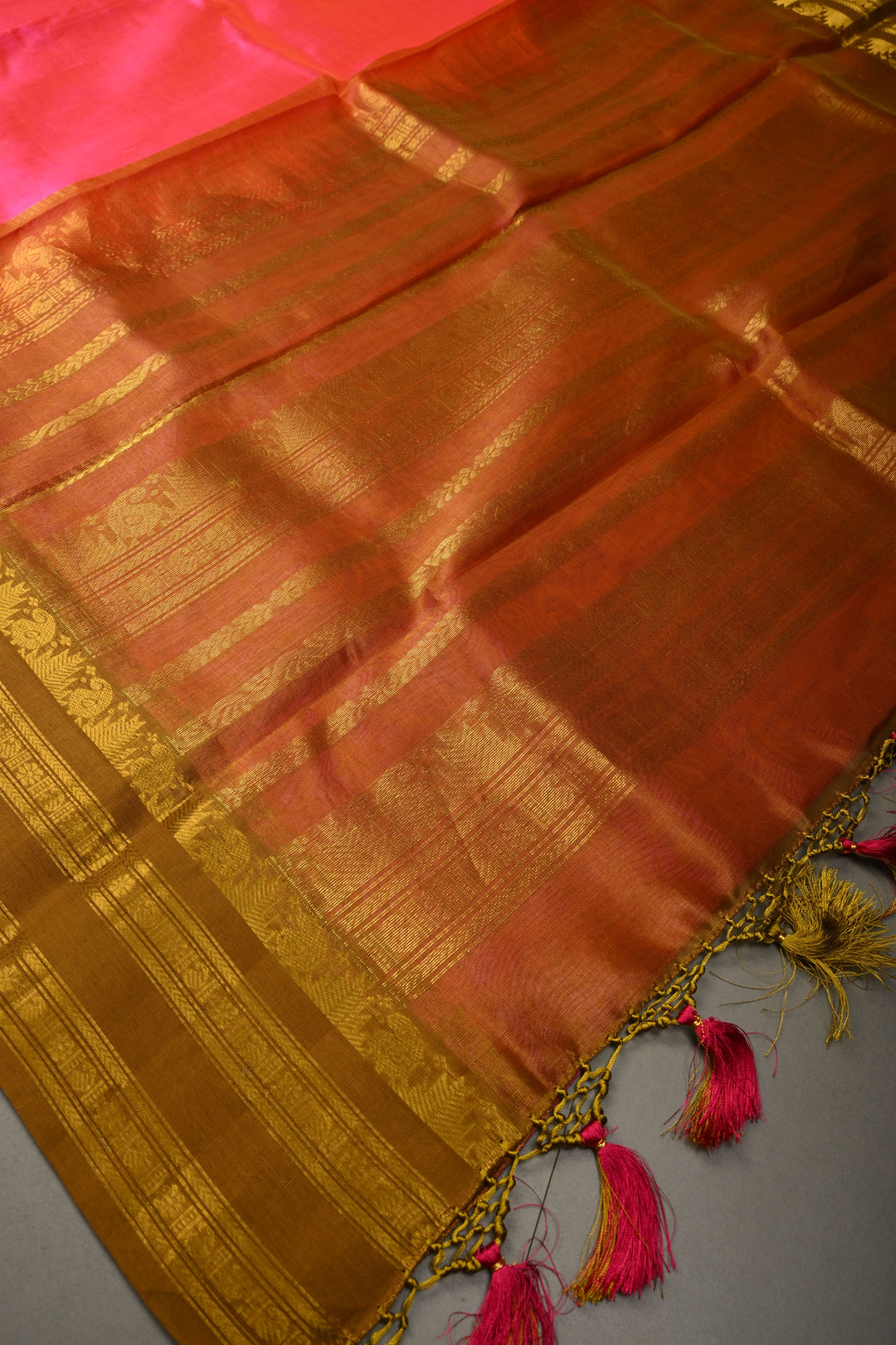 Rani Pink Dual Tone Kanchi Silk Cotton Handloom Saree with Contrast Zari Border | SHOBITAM