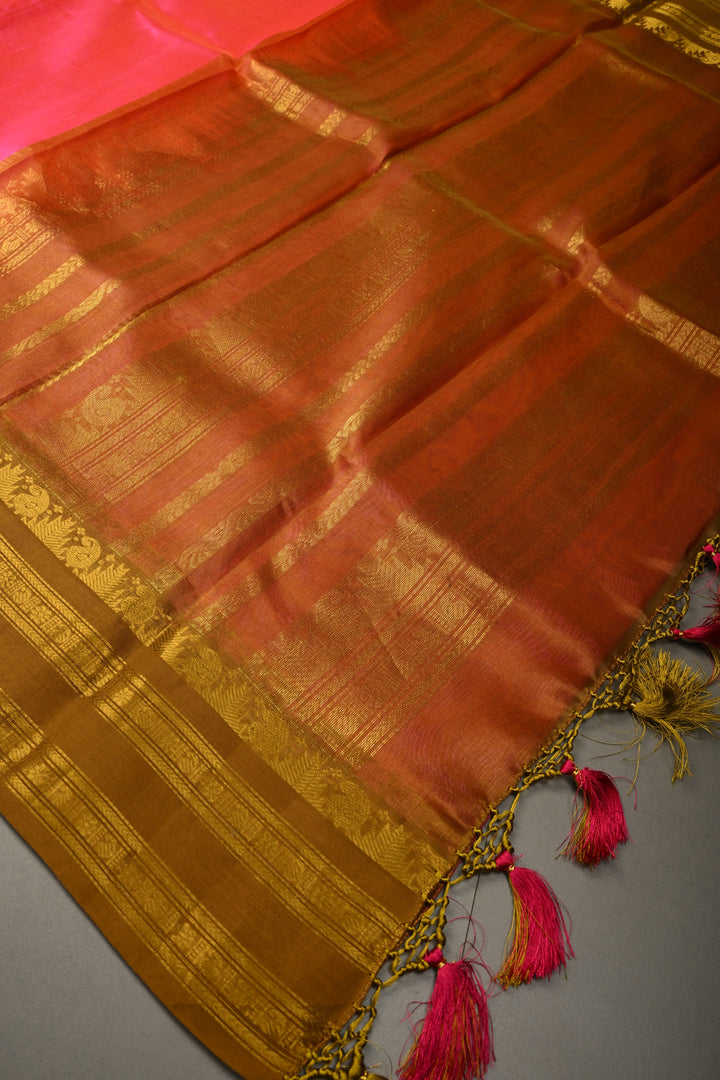 Rani Pink Dual Tone Kanchi Silk Cotton Handloom Saree with Contrast Zari Border | SHOBITAM