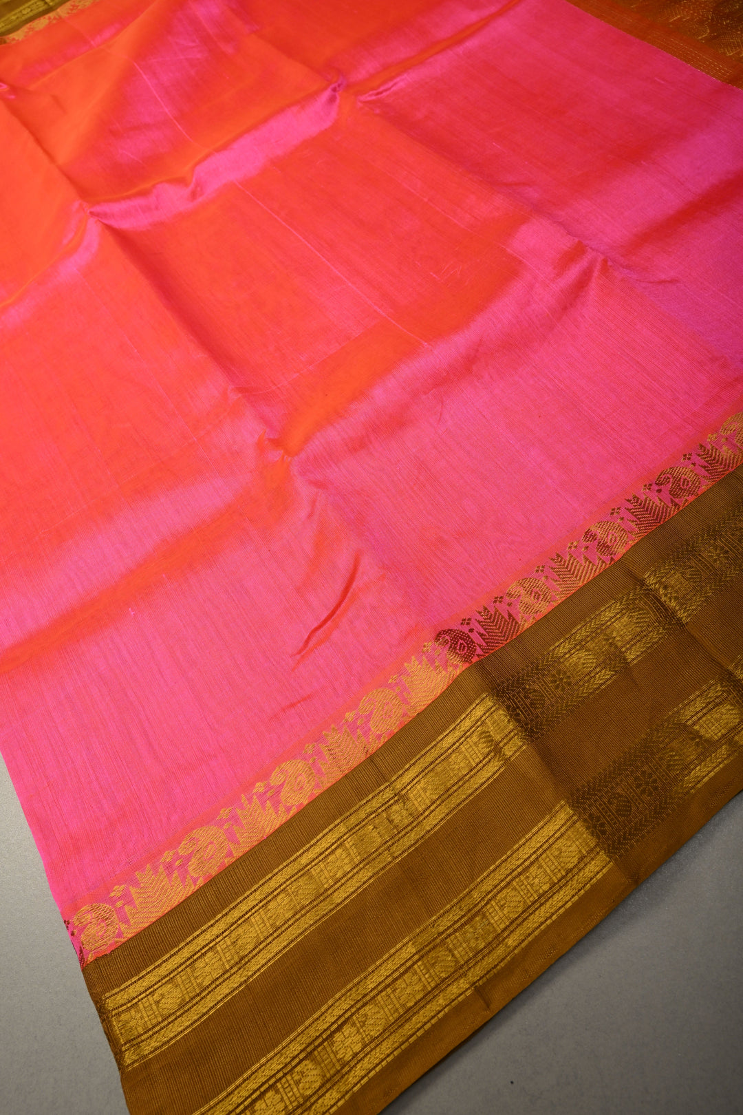 Rani Pink Dual Tone Kanchi Silk Cotton Handloom Saree with Contrast Zari Border | SHOBITAM