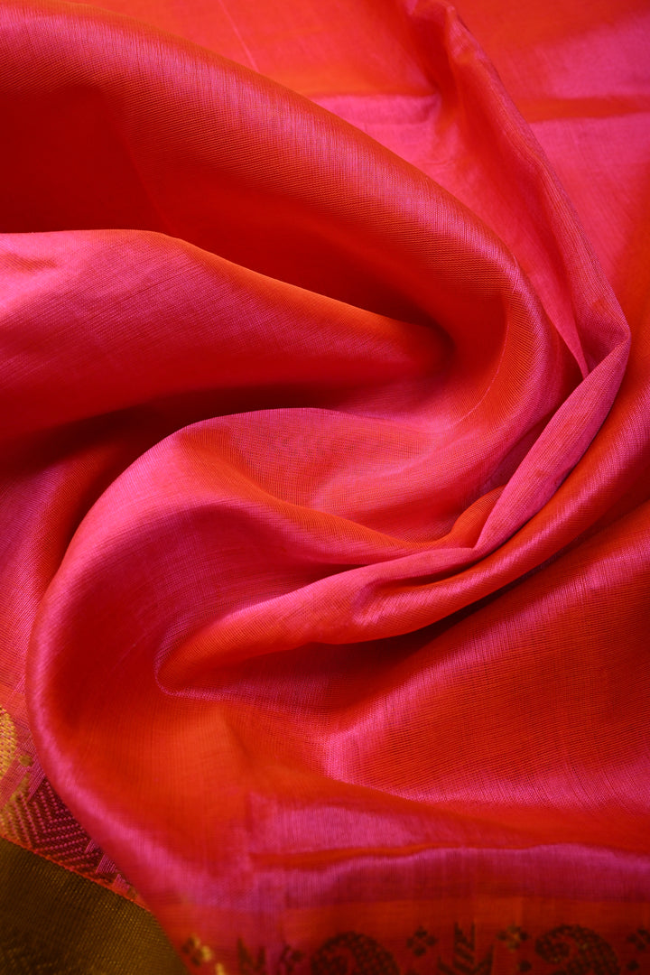 Rani Pink Dual Tone Kanchi Silk Cotton Handloom Saree with Contrast Zari Border | SHOBITAM