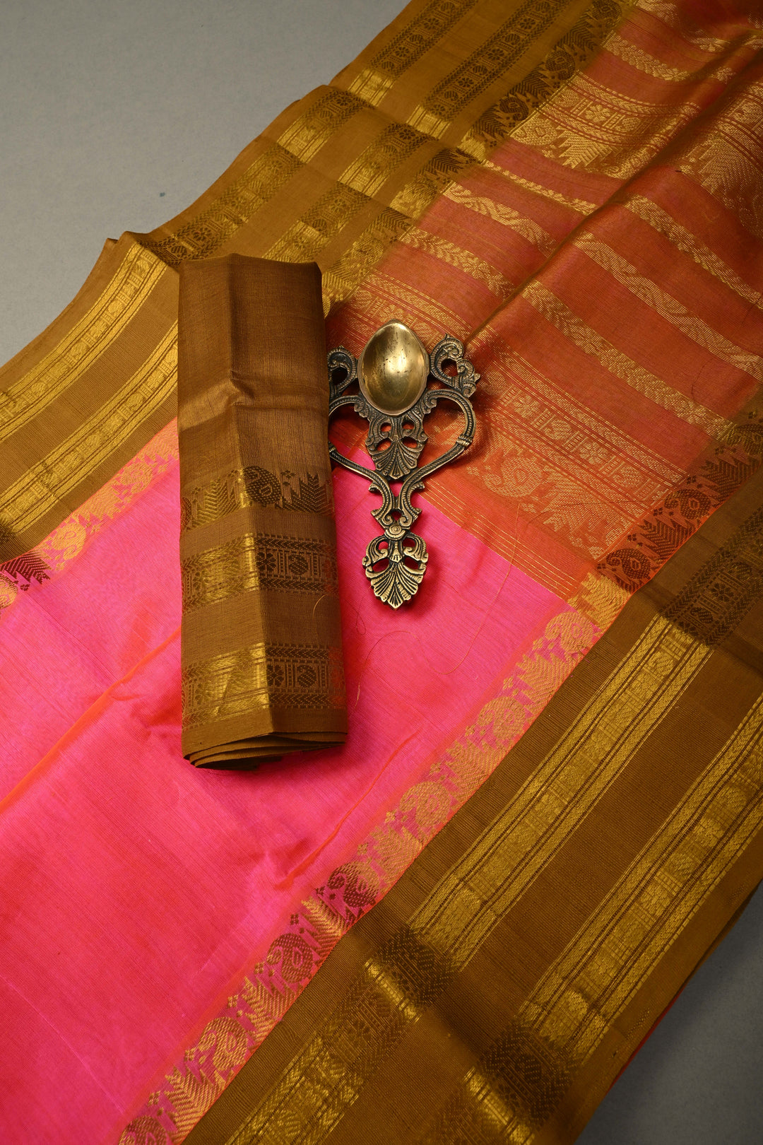Rani Pink Dual Tone Kanchi Silk Cotton Handloom Saree with Contrast Zari Border | SHOBITAM