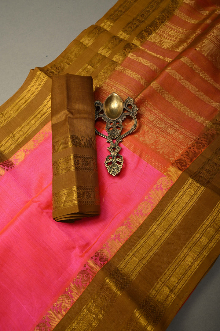 Rani Pink Dual Tone Kanchi Silk Cotton Handloom Saree with Contrast Zari Border | SHOBITAM