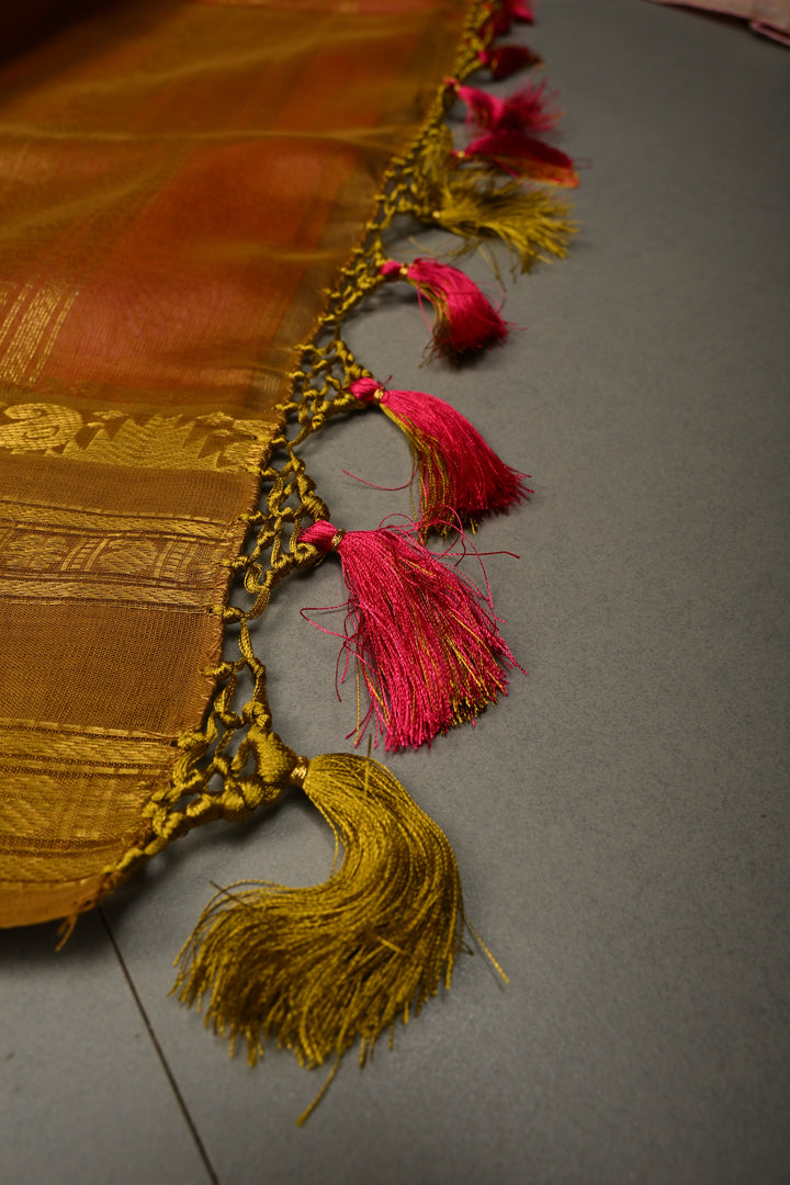 Rani Pink Dual Tone Kanchi Silk Cotton Handloom Saree with Contrast Zari Border | SHOBITAM