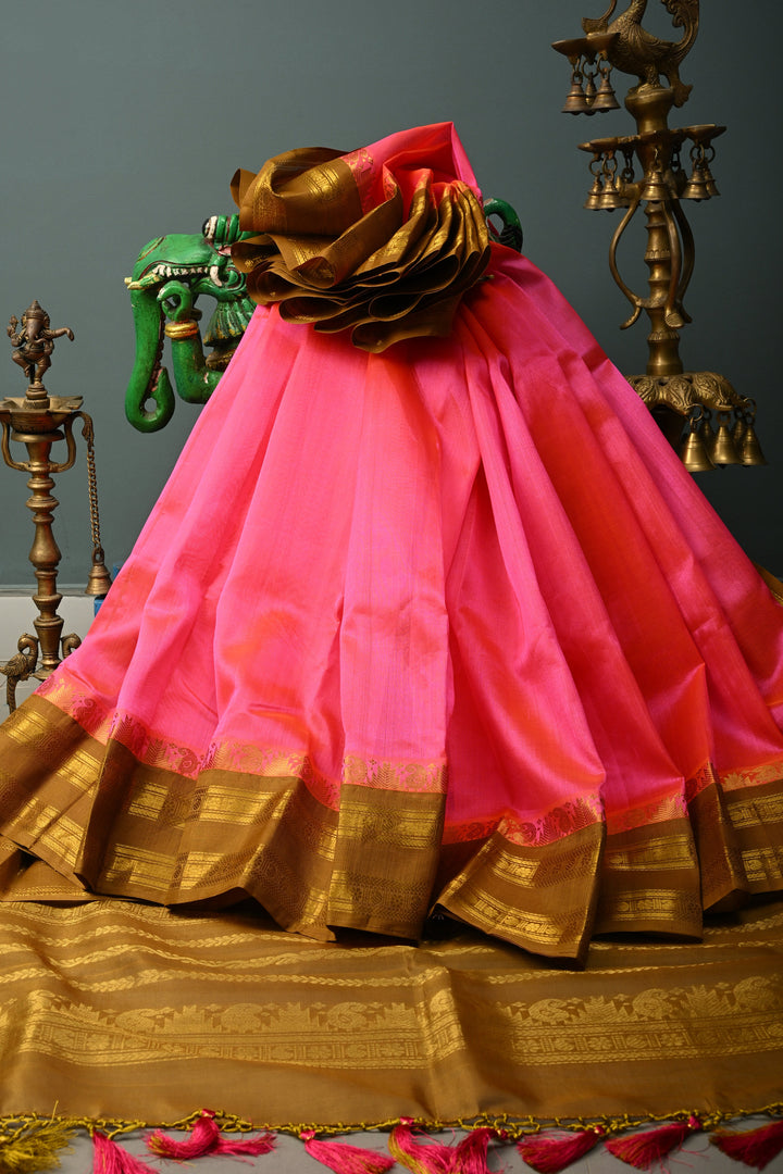 Rani Pink Dual Tone Kanchi Silk Cotton Handloom Saree with Contrast Zari Border | SHOBITAM