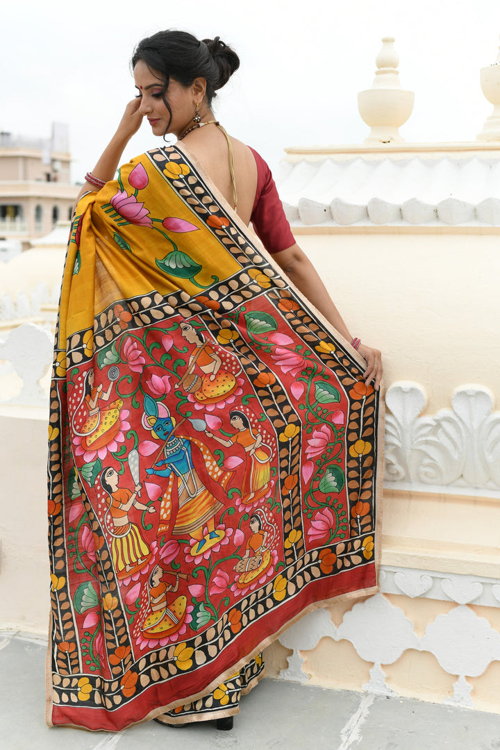 Prussian Blue Pure Handloom Tussar Silk saree with Kalamkari Pichawai Handpainted | SILK MARK CERTIFIED (Copy)