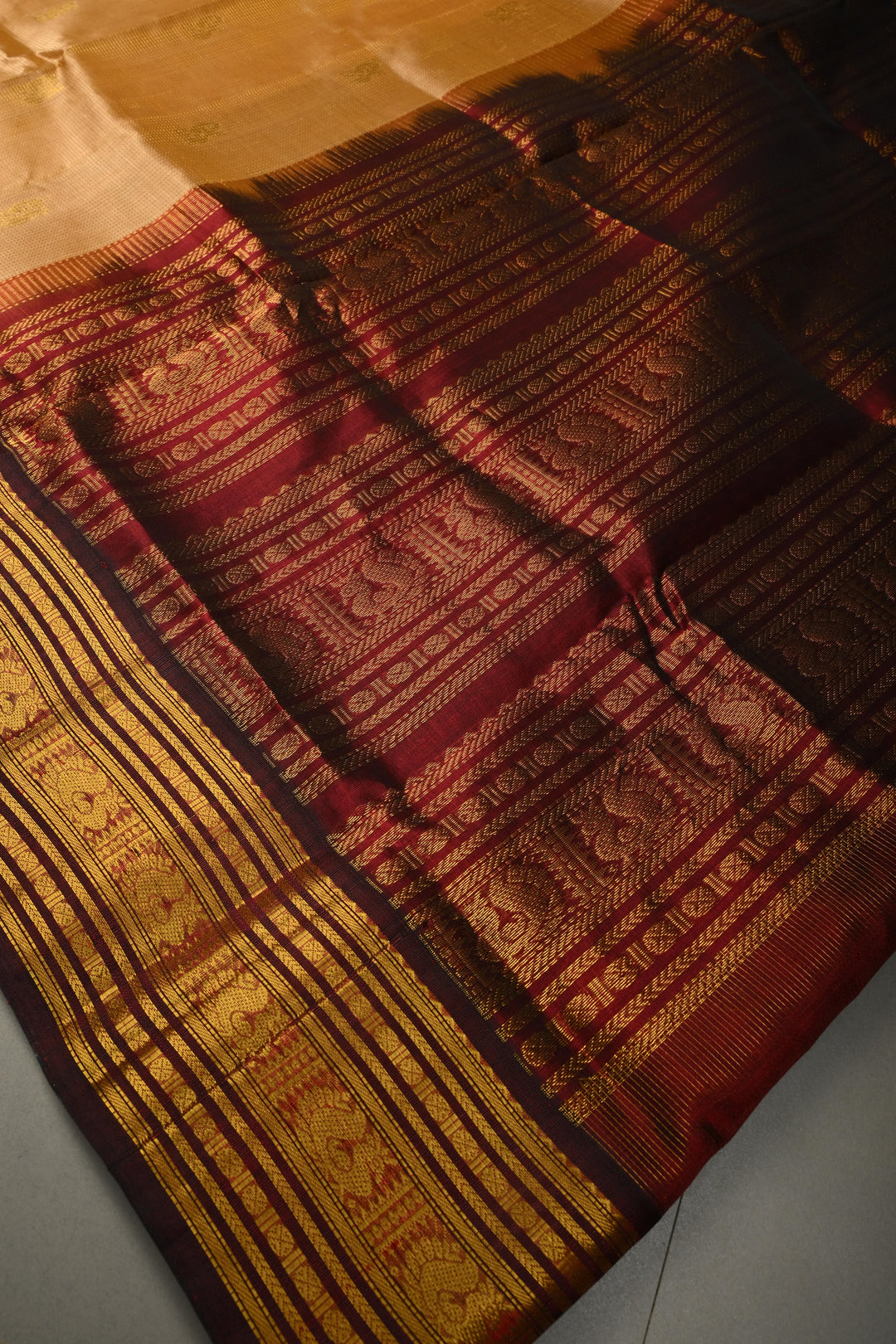 Tan Gold Vairaoosi Zari Stripes on Kanchi Silk Cotton Handloom Saree with Zari Buttas and Contrast Zari Border | SHOBITAM