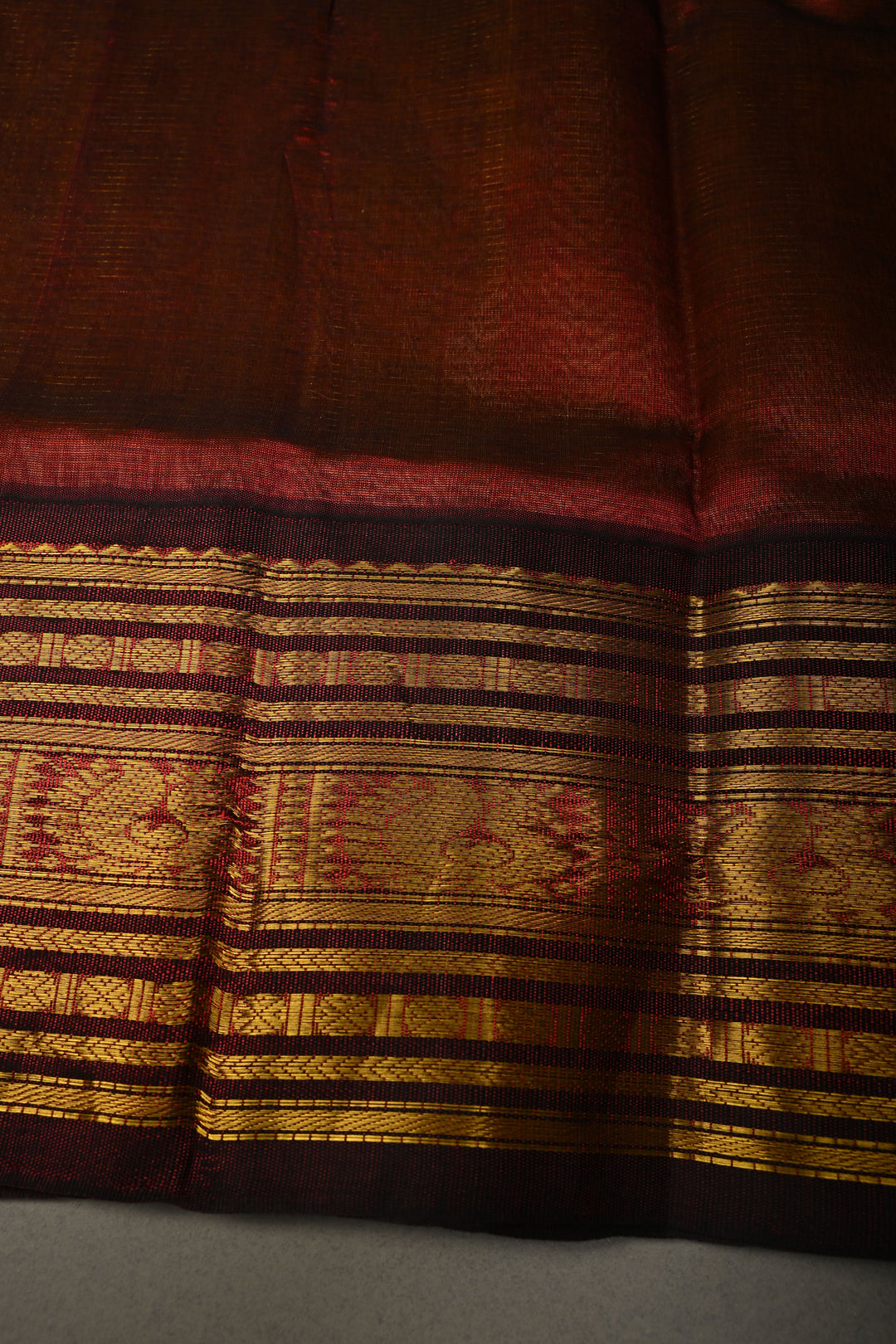 Tan Gold Vairaoosi Zari Stripes on Kanchi Silk Cotton Handloom Saree with Zari Buttas and Contrast Zari Border | SHOBITAM