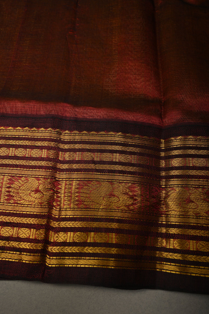 Tan Gold Vairaoosi Zari Stripes on Kanchi Silk Cotton Handloom Saree with Zari Buttas and Contrast Zari Border | SHOBITAM