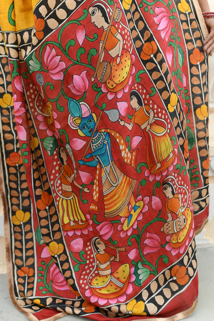 Prussian Blue Pure Handloom Tussar Silk saree with Kalamkari Pichawai Handpainted | SILK MARK CERTIFIED (Copy)