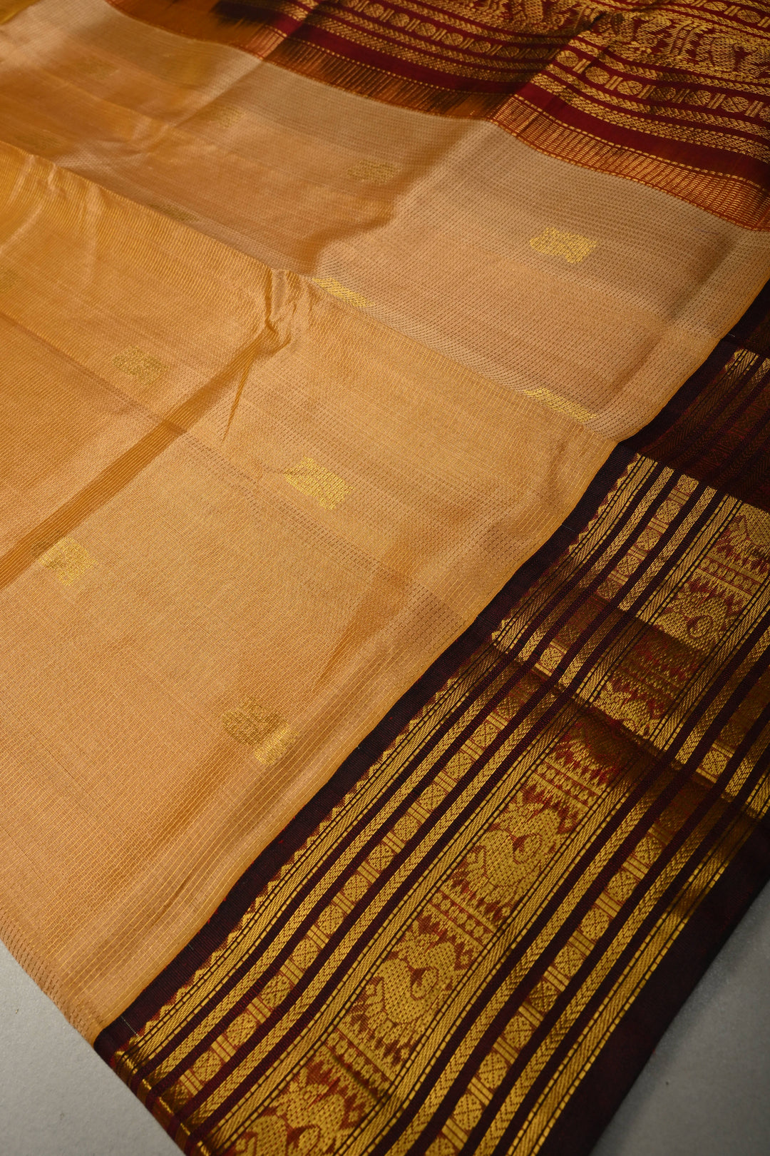Tan Gold Vairaoosi Zari Stripes on Kanchi Silk Cotton Handloom Saree with Zari Buttas and Contrast Zari Border | SHOBITAM