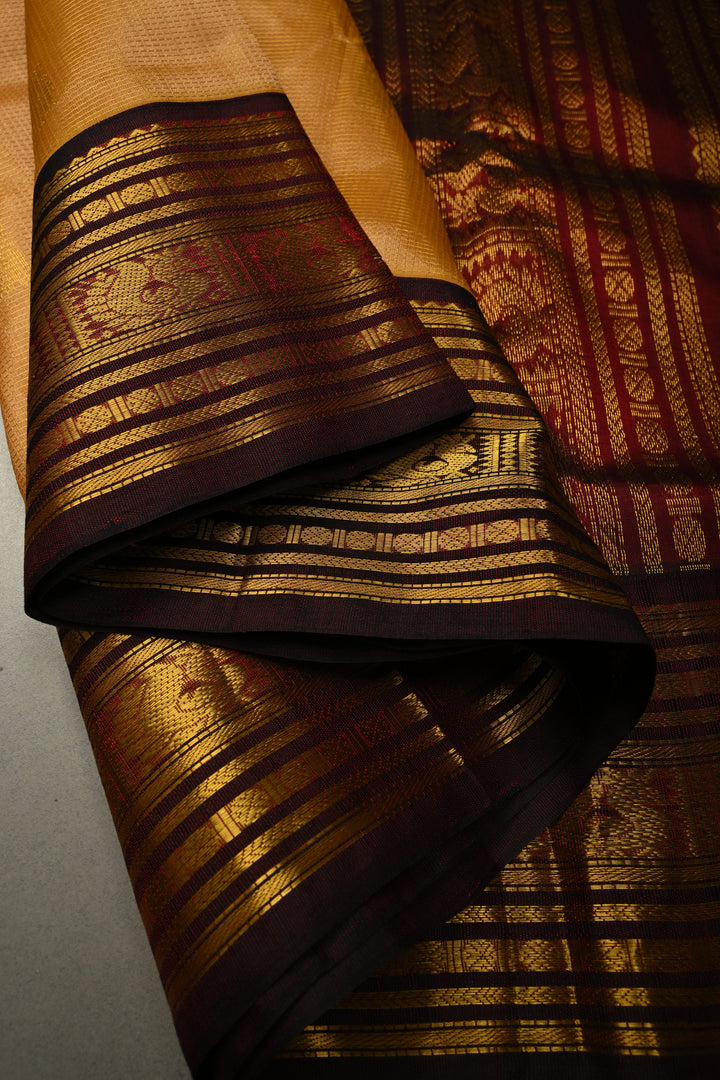 Tan Gold Vairaoosi Zari Stripes on Kanchi Silk Cotton Handloom Saree with Zari Buttas and Contrast Zari Border | SHOBITAM