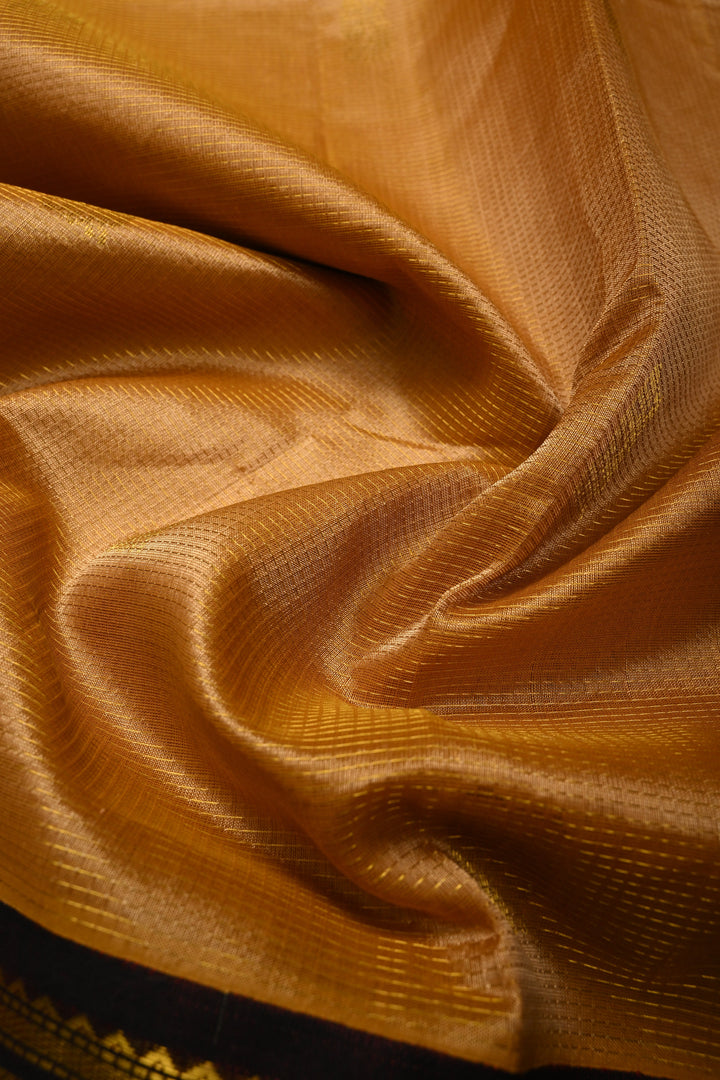 Tan Gold Vairaoosi Zari Stripes on Kanchi Silk Cotton Handloom Saree with Zari Buttas and Contrast Zari Border | SHOBITAM