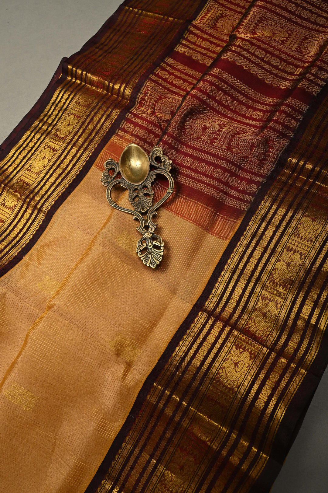 Tan Gold Vairaoosi Zari Stripes on Kanchi Silk Cotton Handloom Saree with Zari Buttas and Contrast Zari Border | SHOBITAM
