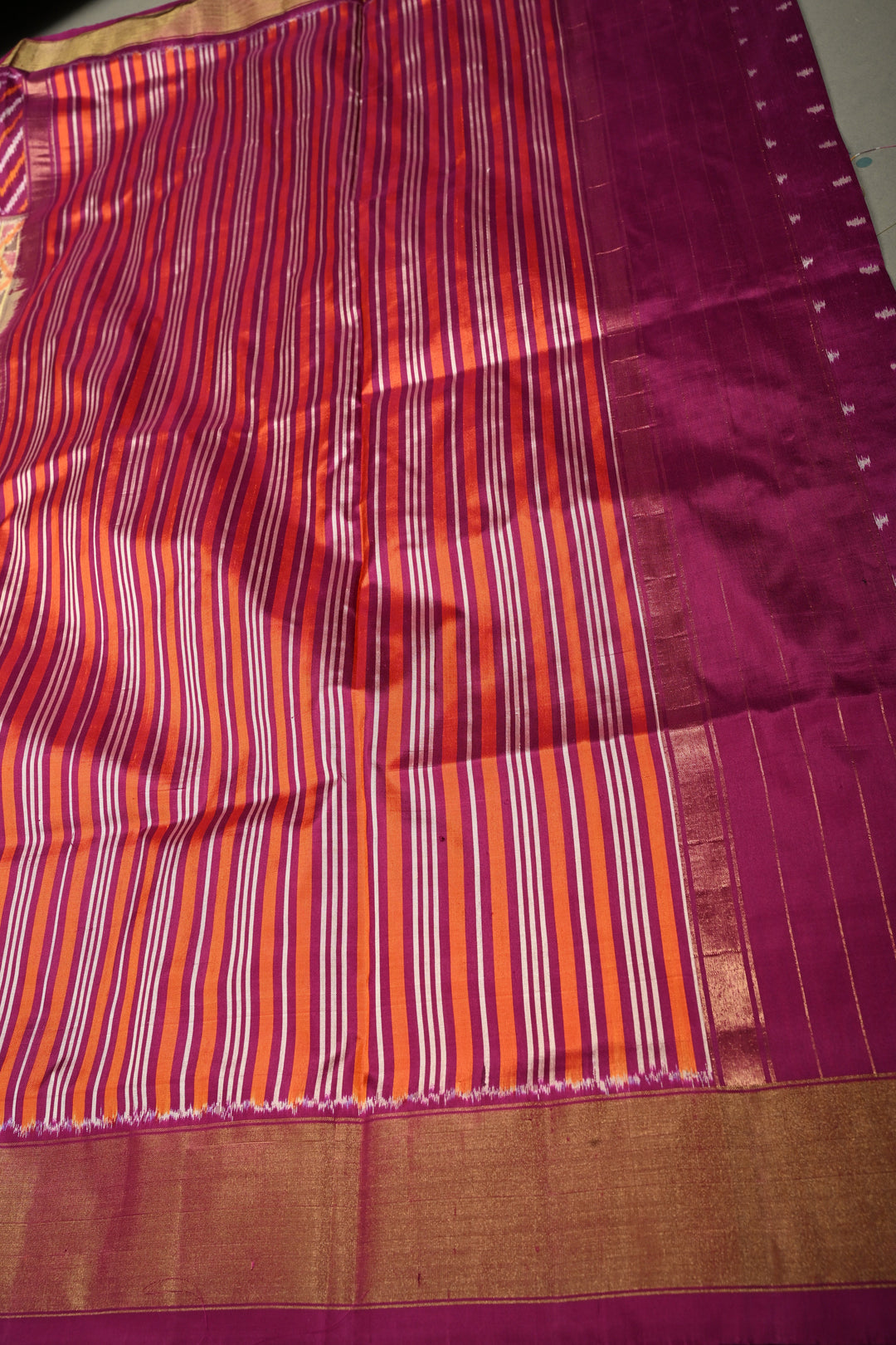 Dusty Mustard Yellow Pochampally Ikkat Pure Silk Saree with Kente Design and Chevron Contrast Panel Design on Tissue Zari Border  | SILK MARK CERTIFIED | SHOBITAM