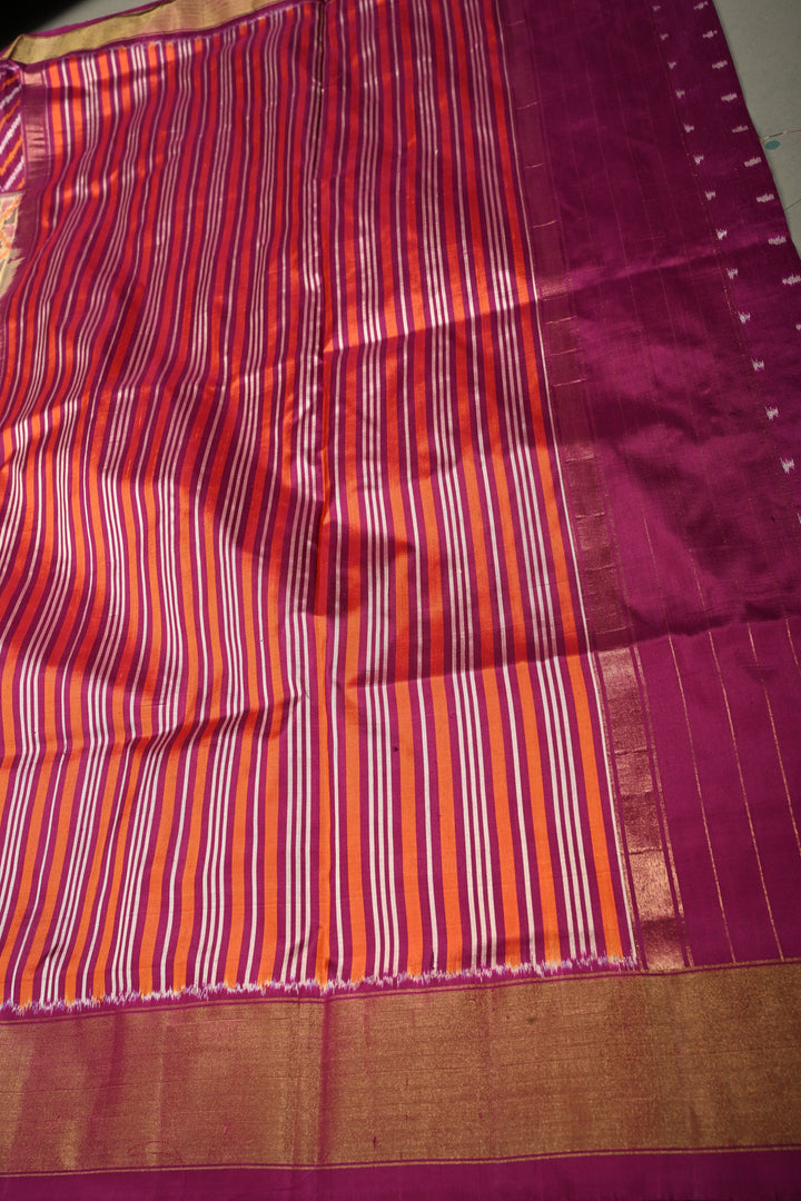 Dusty Mustard Yellow Pochampally Ikkat Pure Silk Saree with Kente Design and Chevron Contrast Panel Design on Tissue Zari Border  | SILK MARK CERTIFIED | SHOBITAM