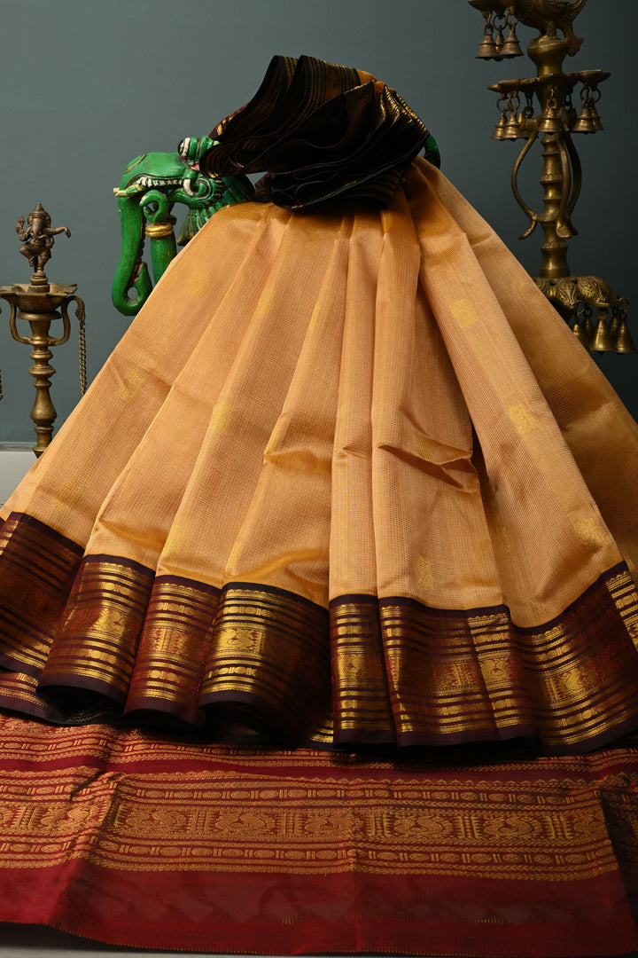 Tan Gold Vairaoosi Zari Stripes on Kanchi Silk Cotton Handloom Saree with Zari Buttas and Contrast Zari Border | SHOBITAM