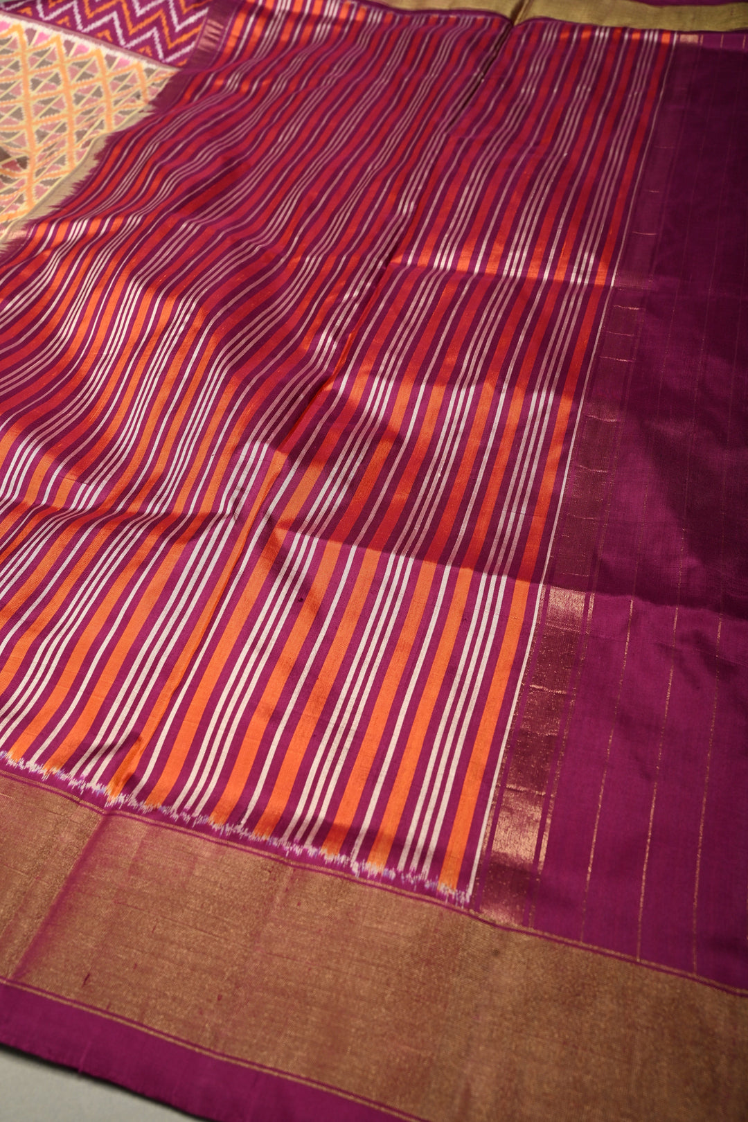 Dusty Mustard Yellow Pochampally Ikkat Pure Silk Saree with Kente Design and Chevron Contrast Panel Design on Tissue Zari Border  | SILK MARK CERTIFIED | SHOBITAM
