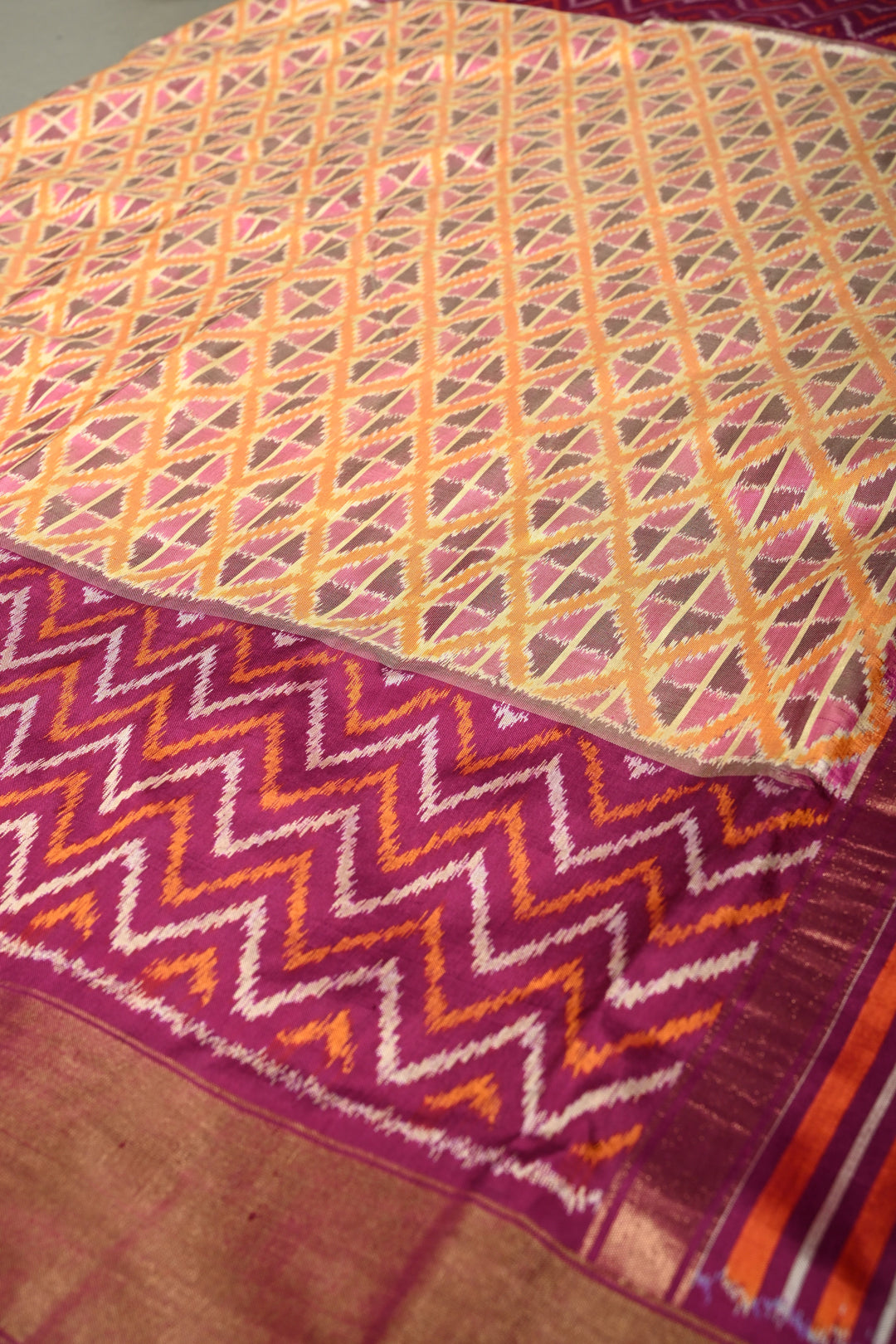 Dusty Mustard Yellow Pochampally Ikkat Pure Silk Saree with Kente Design and Chevron Contrast Panel Design on Tissue Zari Border  | SILK MARK CERTIFIED | SHOBITAM