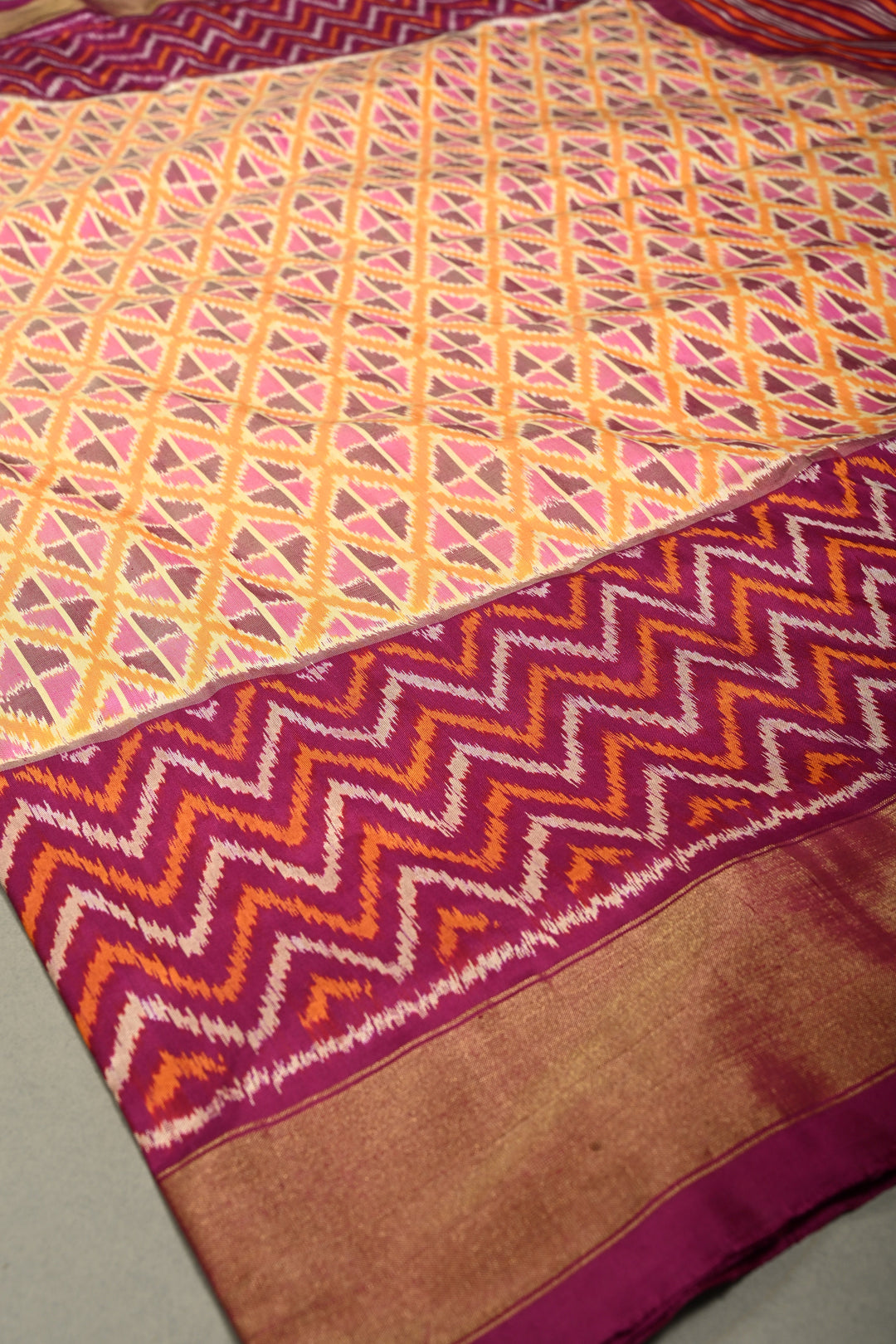 Dusty Mustard Yellow Pochampally Ikkat Pure Silk Saree with Kente Design and Chevron Contrast Panel Design on Tissue Zari Border  | SILK MARK CERTIFIED | SHOBITAM