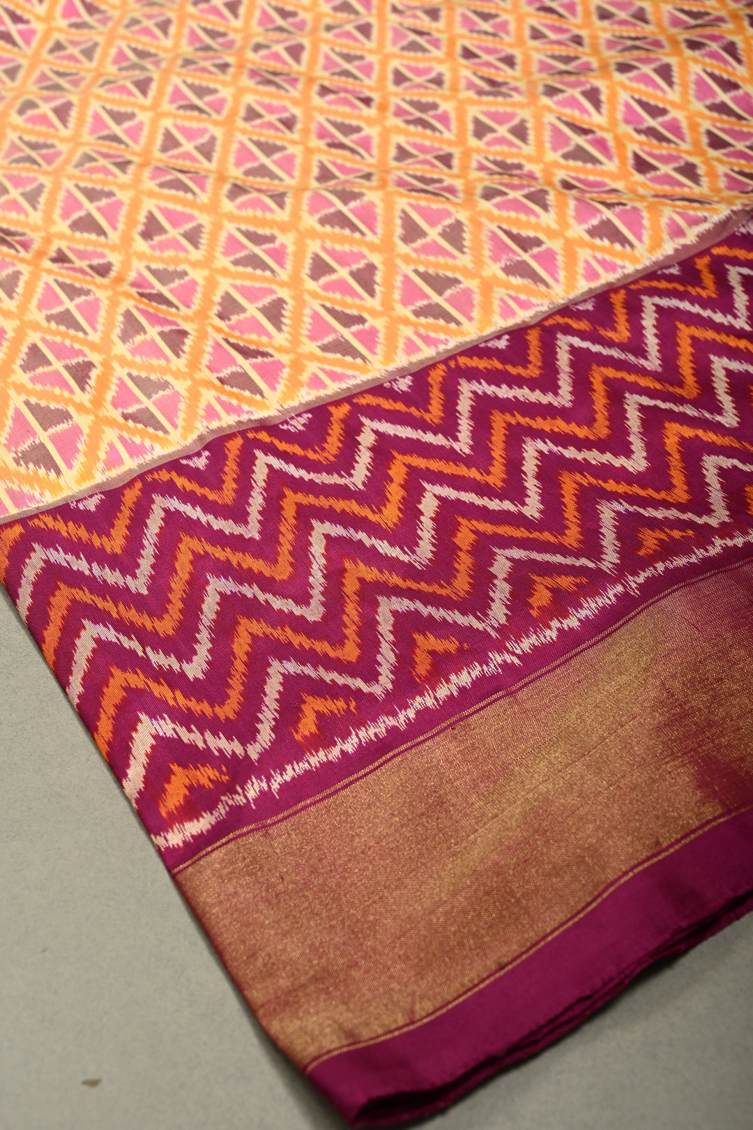 Dusty Mustard Yellow Pochampally Ikkat Pure Silk Saree with Kente Design and Chevron Contrast Panel Design on Tissue Zari Border  | SILK MARK CERTIFIED | SHOBITAM