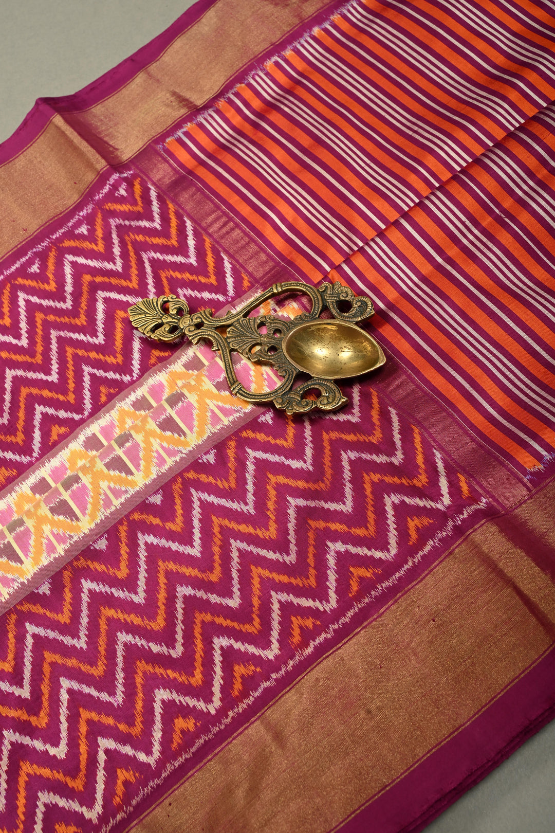 Dusty Mustard Yellow Pochampally Ikkat Pure Silk Saree with Kente Design and Chevron Contrast Panel Design on Tissue Zari Border  | SILK MARK CERTIFIED | SHOBITAM