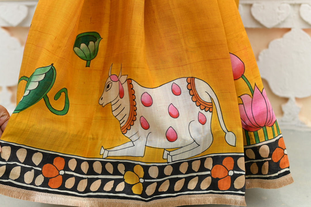 Prussian Blue Pure Handloom Tussar Silk saree with Kalamkari Pichawai Handpainted | SILK MARK CERTIFIED (Copy)