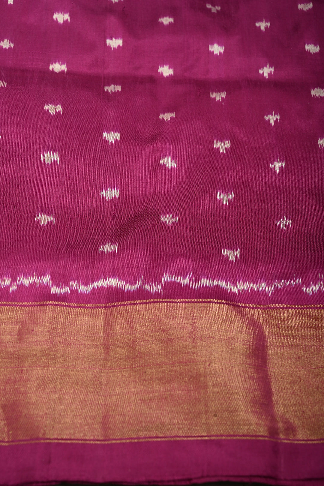 Dusty Mustard Yellow Pochampally Ikkat Pure Silk Saree with Kente Design and Chevron Contrast Panel Design on Tissue Zari Border  | SILK MARK CERTIFIED | SHOBITAM