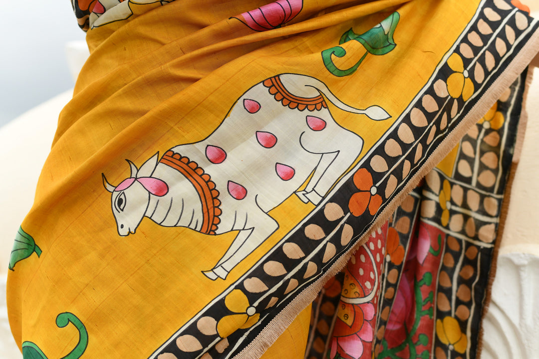 Prussian Blue Pure Handloom Tussar Silk saree with Kalamkari Pichawai Handpainted | SILK MARK CERTIFIED (Copy)