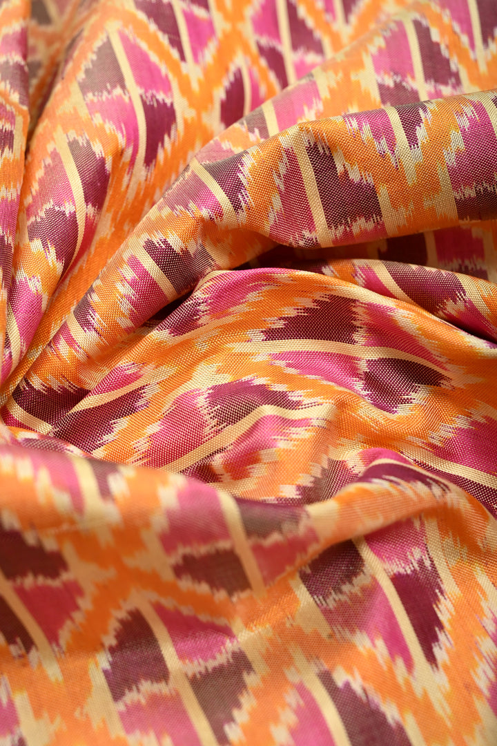 Dusty Mustard Yellow Pochampally Ikkat Pure Silk Saree with Kente Design and Chevron Contrast Panel Design on Tissue Zari Border  | SILK MARK CERTIFIED | SHOBITAM