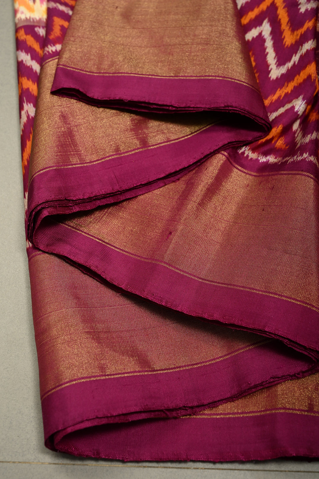 Dusty Mustard Yellow Pochampally Ikkat Pure Silk Saree with Kente Design and Chevron Contrast Panel Design on Tissue Zari Border  | SILK MARK CERTIFIED | SHOBITAM