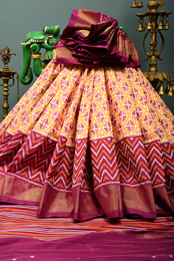 Dusty Mustard Yellow Pochampally Ikkat Pure Silk Saree with Kente Design and Chevron Contrast Panel Design on Tissue Zari Border  | SILK MARK CERTIFIED | SHOBITAM