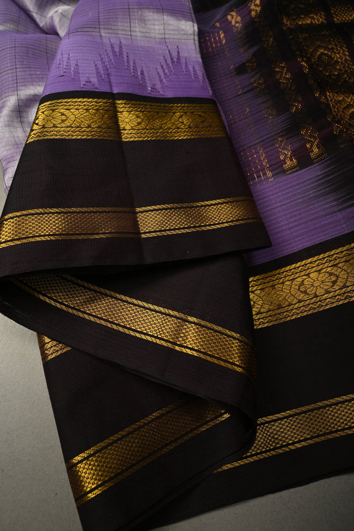 Purple-Gray Dual Tone Kanchi Silk Cotton Handloom Saree with Checks Pattern and Contrast Zari Border | SHOBITAM