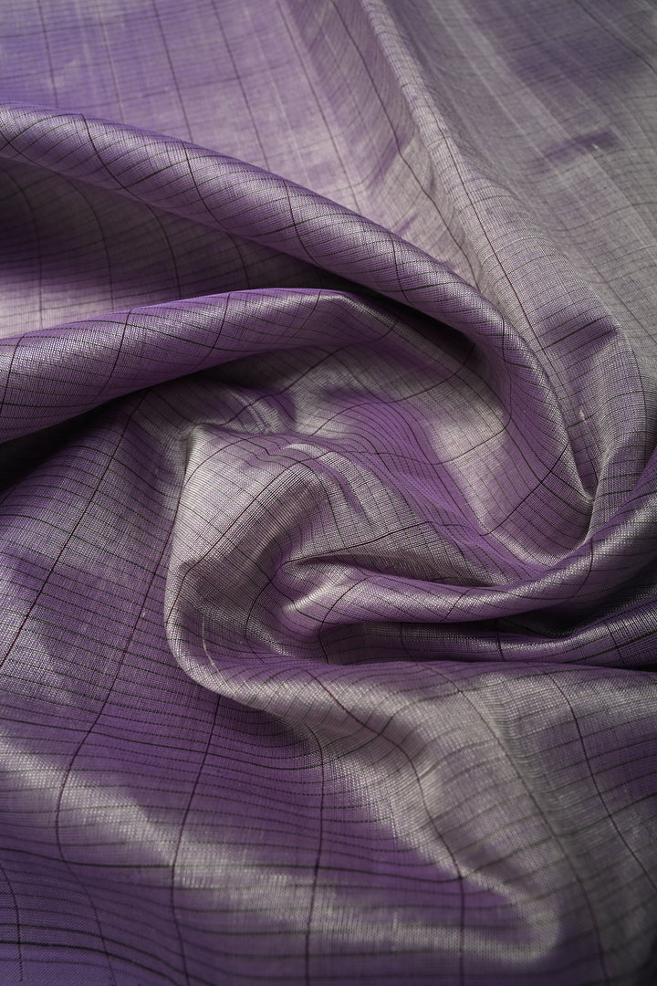 Purple-Gray Dual Tone Kanchi Silk Cotton Handloom Saree with Checks Pattern and Contrast Zari Border | SHOBITAM