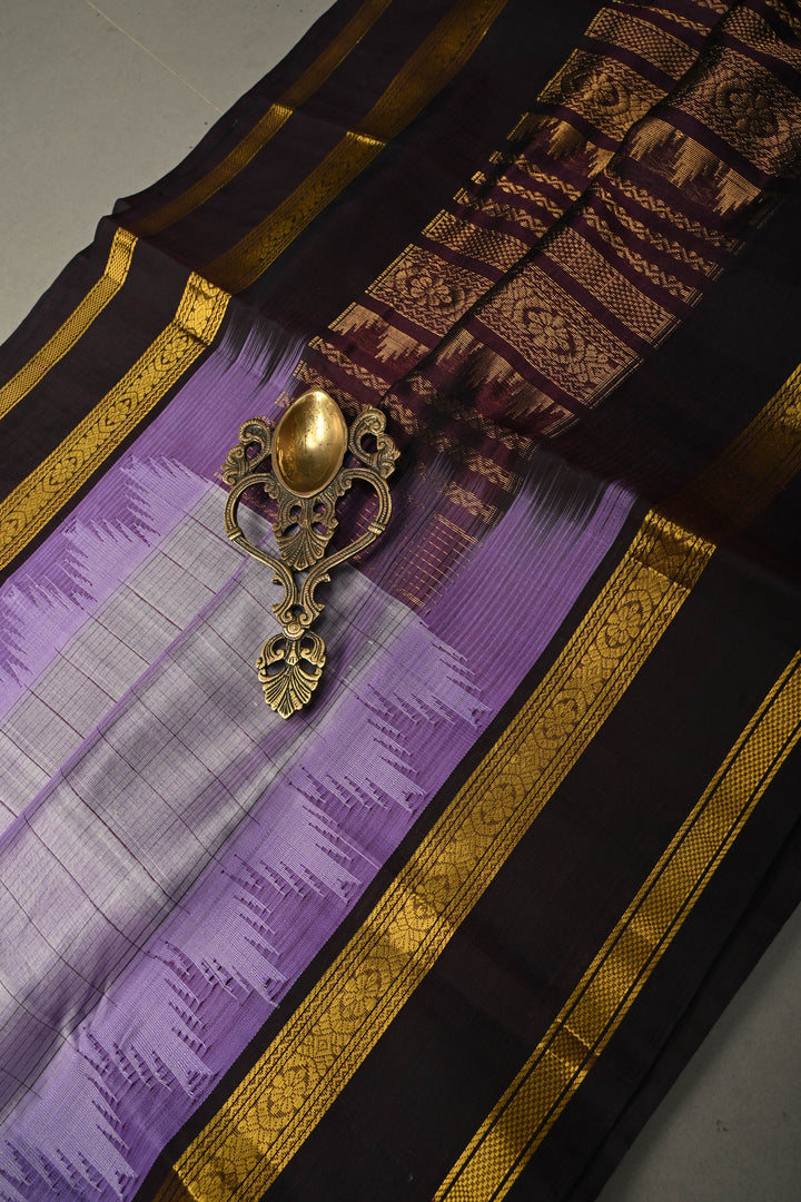 Purple-Gray Dual Tone Kanchi Silk Cotton Handloom Saree with Checks Pattern and Contrast Zari Border | SHOBITAM