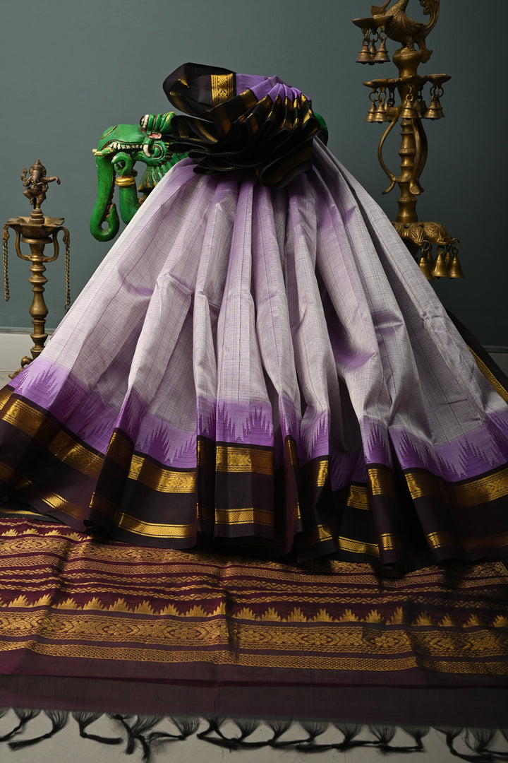Purple-Gray Dual Tone Kanchi Silk Cotton Handloom Saree with Checks Pattern and Contrast Zari Border | SHOBITAM