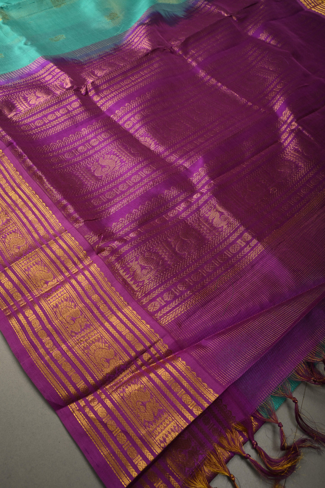 Green Vairaoosi Zari Stripes on Kanchi Silk Cotton Handloom Saree with Zari Buttas and Contrast Zari Border | SHOBITAM