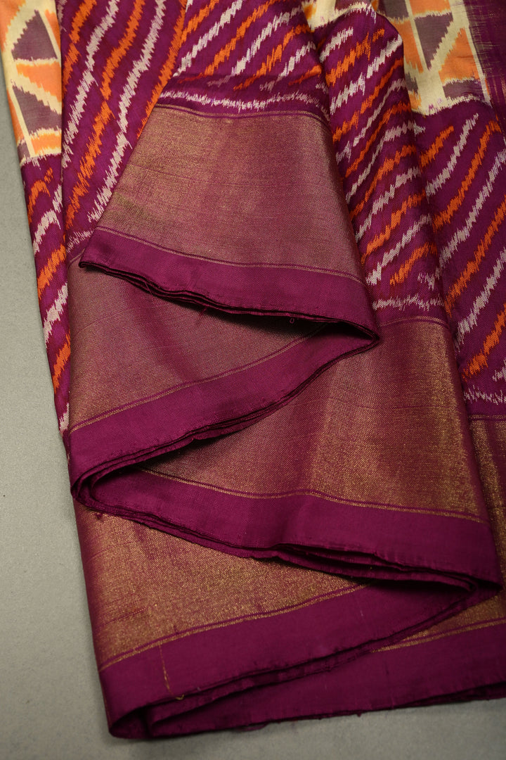Muted Yellow Pochampally Ikkat Pure Silk Saree with Kente Design and Diagonal Stripes Contrast Panel on Tissue Zari Border  | SILK MARK CERTIFIED | SHOBITAM