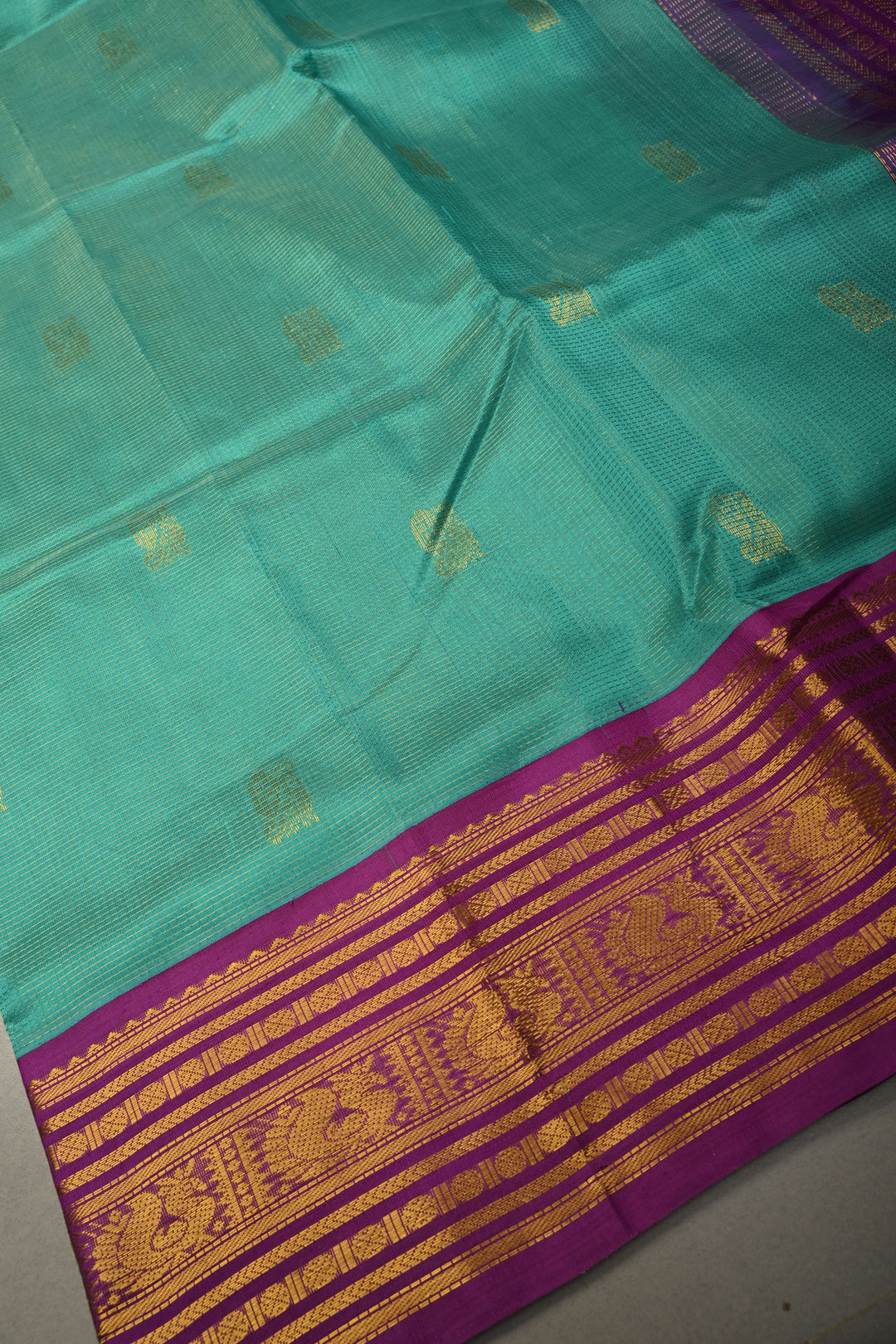 Green Vairaoosi Zari Stripes on Kanchi Silk Cotton Handloom Saree with Zari Buttas and Contrast Zari Border | SHOBITAM