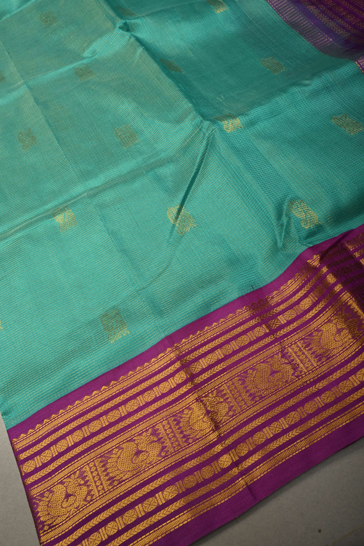 Green Vairaoosi Zari Stripes on Kanchi Silk Cotton Handloom Saree with Zari Buttas and Contrast Zari Border | SHOBITAM